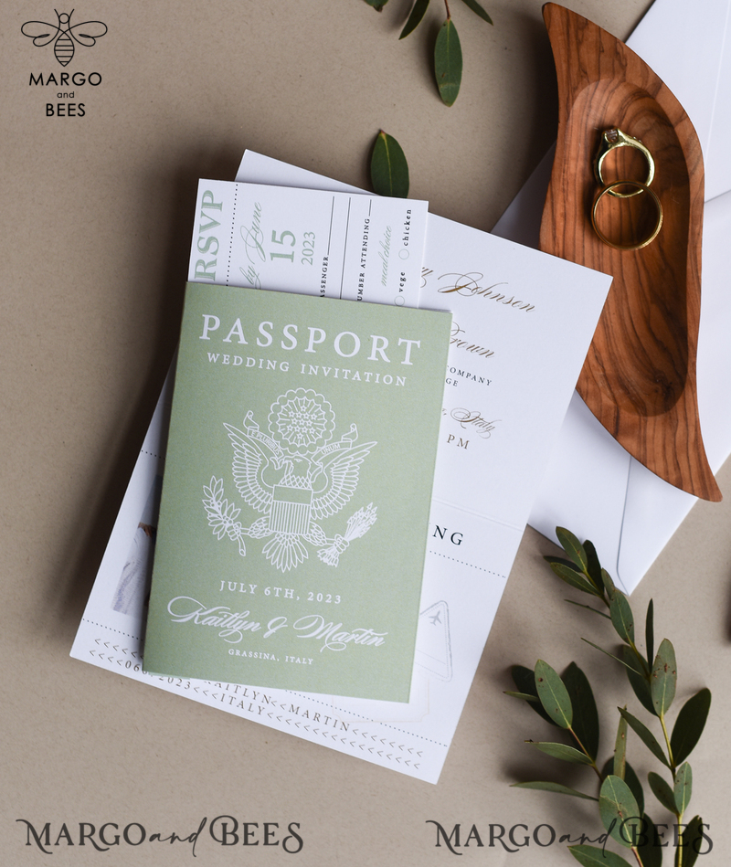 Sage Green Passport Wedding Invitation, Wedding Cards  Boarding Pass,  Tuscany Passport Wedding Invitations  Abroad, Destination Wedding Invites, Travel Map Wedding Stationary-3