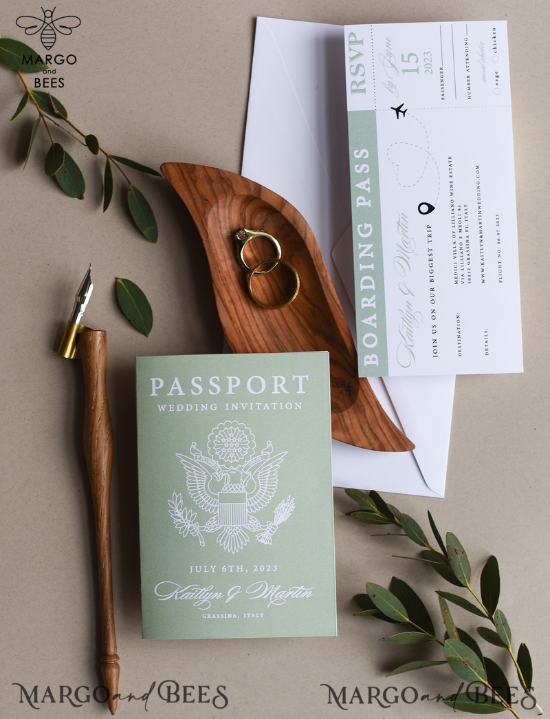 Sage Green Passport Wedding Invitation, Wedding Cards  Boarding Pass,  Tuscany Passport Wedding Invitations  Abroad, Destination Wedding Invites, Travel Map Wedding Stationary-4