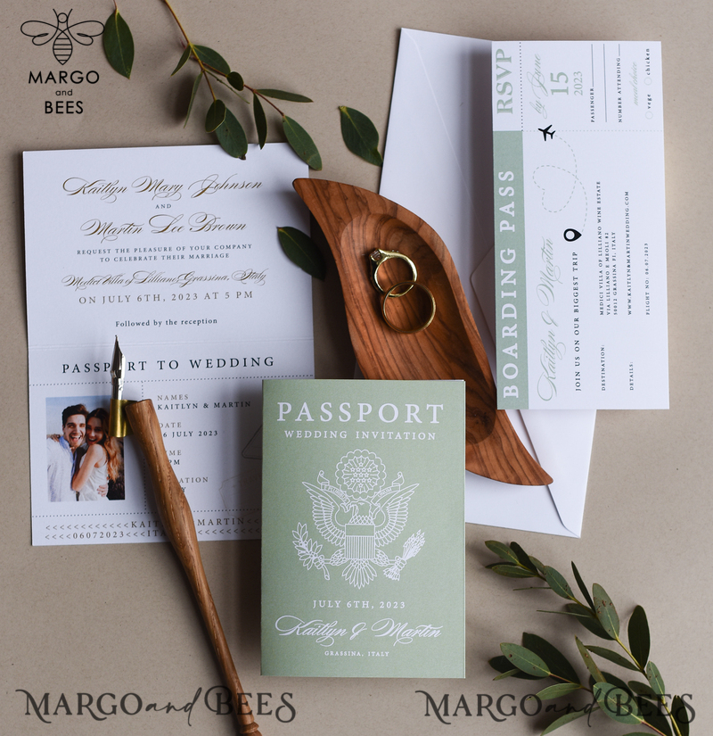 Sage Green Passport Wedding Invitation, Wedding Cards  Boarding Pass,  Tuscany Passport Wedding Invitations  Abroad, Destination Wedding Invites, Travel Map Wedding Stationary-5