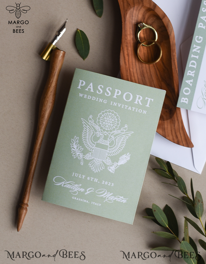 Sage Green Passport Wedding Invitation, Wedding Cards  Boarding Pass,  Tuscany Passport Wedding Invitations  Abroad, Destination Wedding Invites, Travel Map Wedding Stationary-6