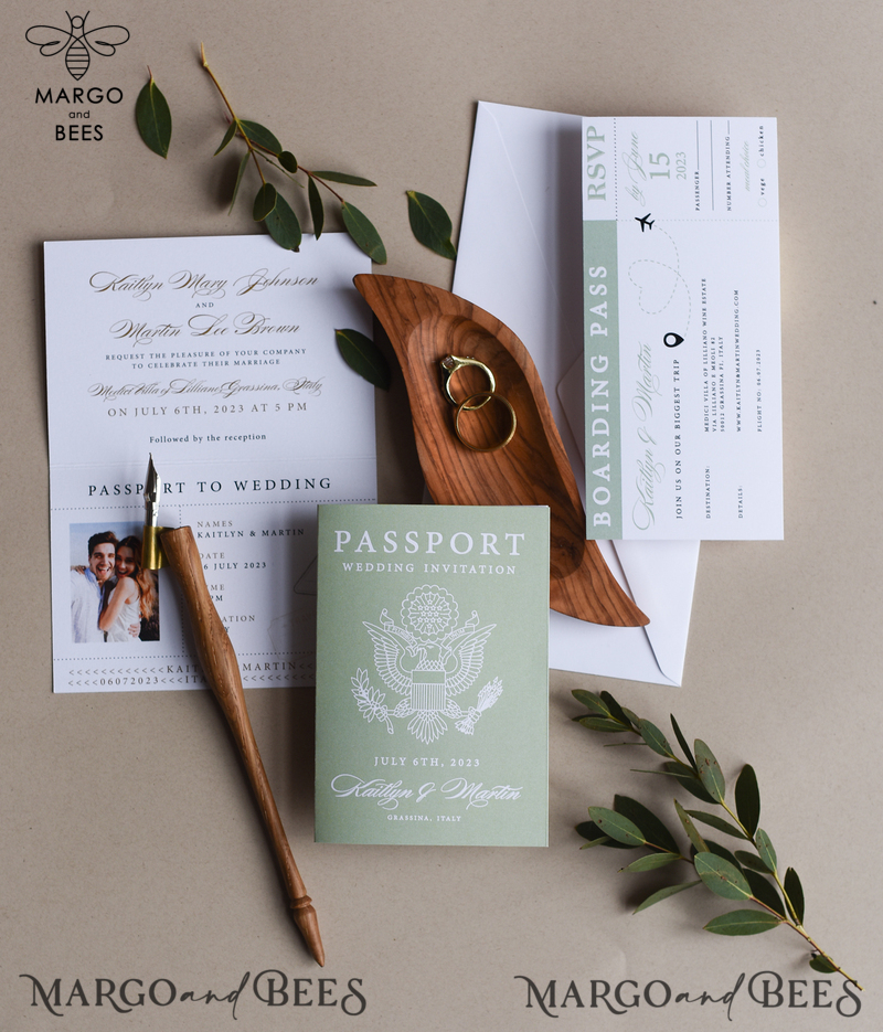Sage Green Passport Wedding Invitation, Wedding Cards  Boarding Pass,  Tuscany Passport Wedding Invitations  Abroad, Destination Wedding Invites, Travel Map Wedding Stationary-0