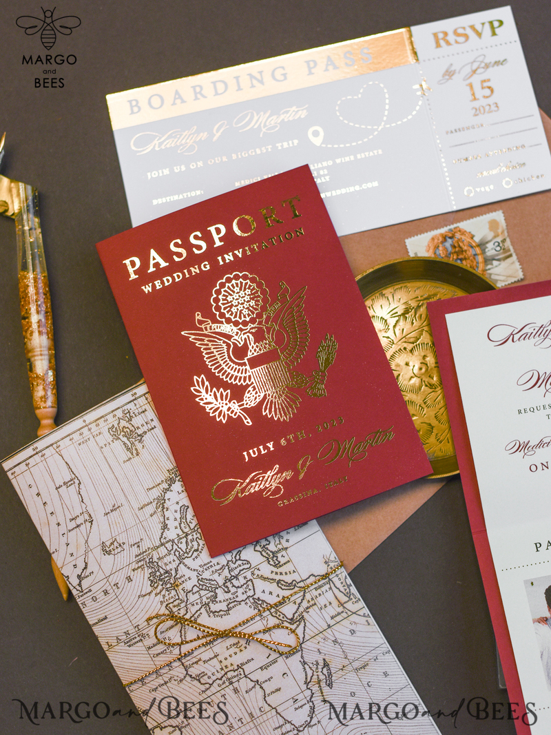 Maroon Gold  Passport Wedding Invitation, Map Wedding Cards  Boarding Pass,  Burgundy Passport Wedding Invitations  Abroad, Destination Wedding Invites, Travel Map Wedding Stationary-2