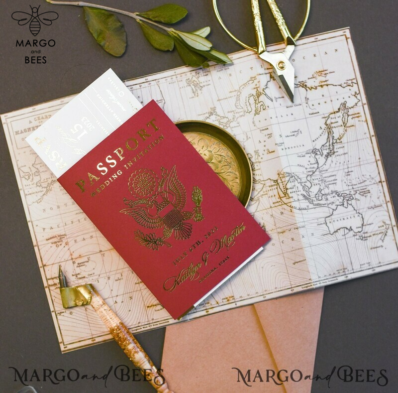 Maroon Gold  Passport Wedding Invitation, Map Wedding Cards  Boarding Pass,  Burgundy Passport Wedding Invitations  Abroad, Destination Wedding Invites, Travel Map Wedding Stationary-9