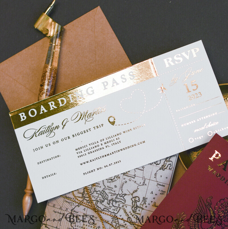 Elegant Maroon & Gold Passport Wedding Invitations – Luxury Destination Wedding Cards with Travel Map and Boarding Pass Details-1