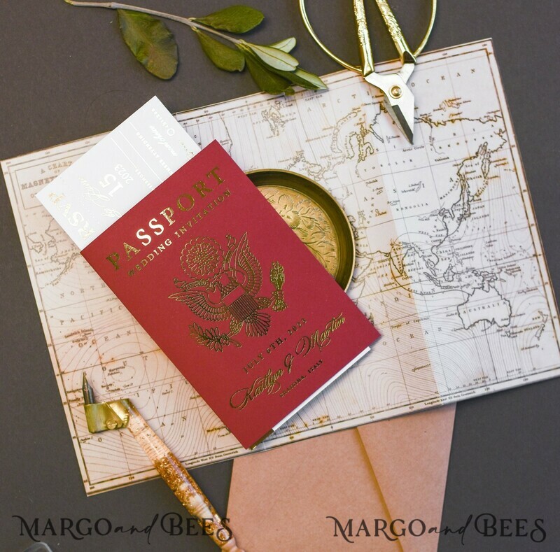 Elegant Maroon & Gold Passport Wedding Invitations – Luxury Destination Wedding Cards with Travel Map and Boarding Pass Details-10