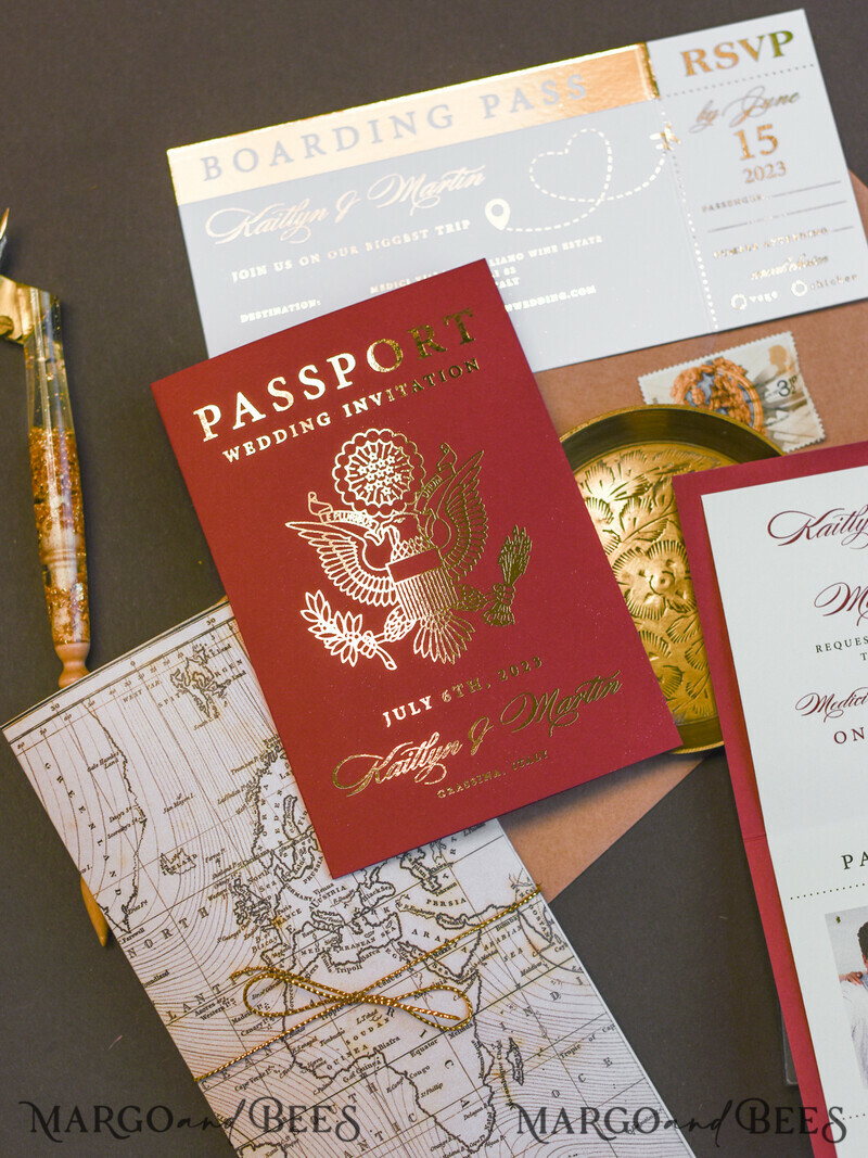 Elegant Maroon & Gold Passport Wedding Invitations – Luxury Destination Wedding Cards with Travel Map and Boarding Pass Details-2