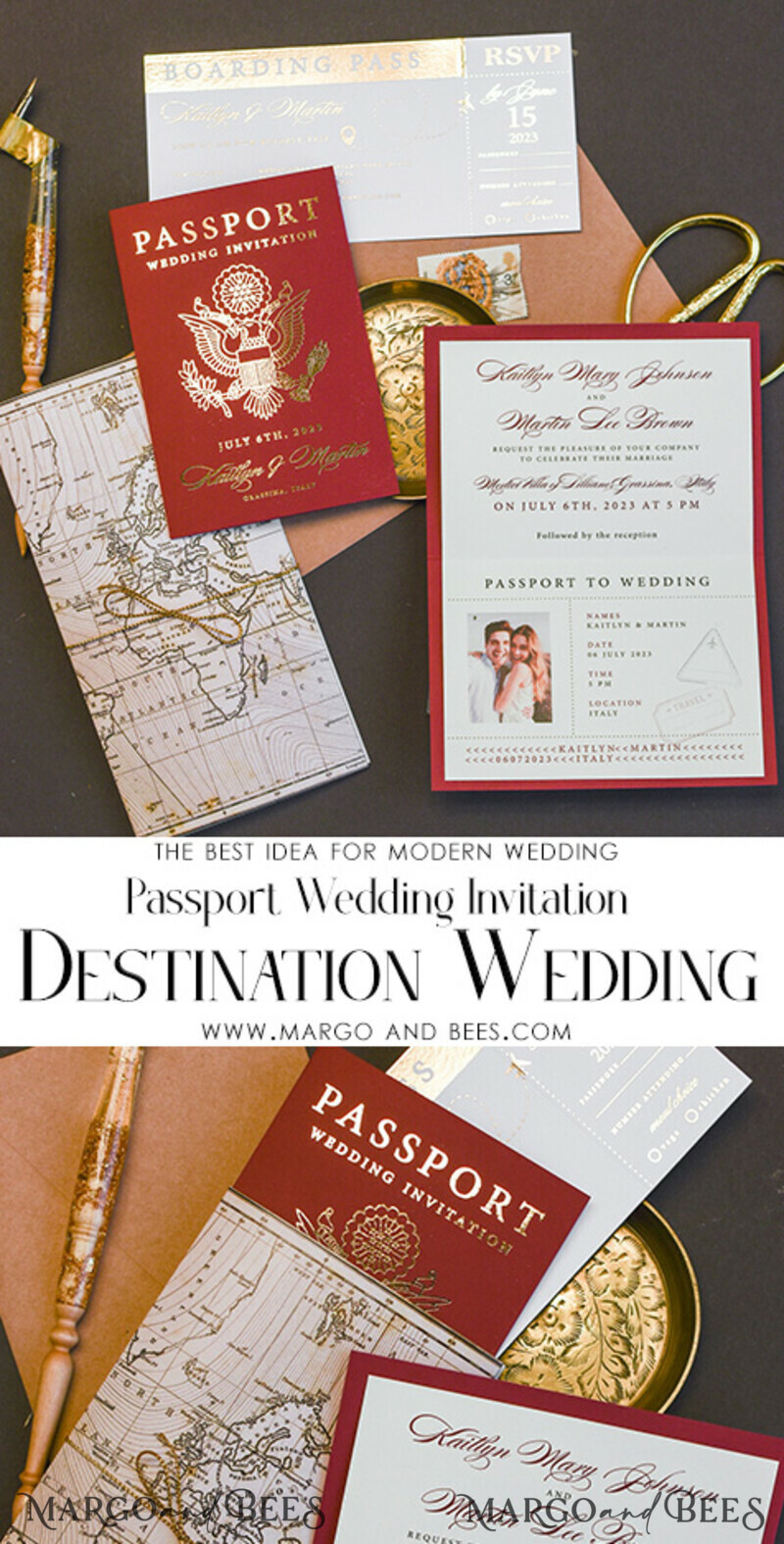 Elegant Maroon & Gold Passport Wedding Invitations – Luxury Destination Wedding Cards with Travel Map and Boarding Pass Details-3