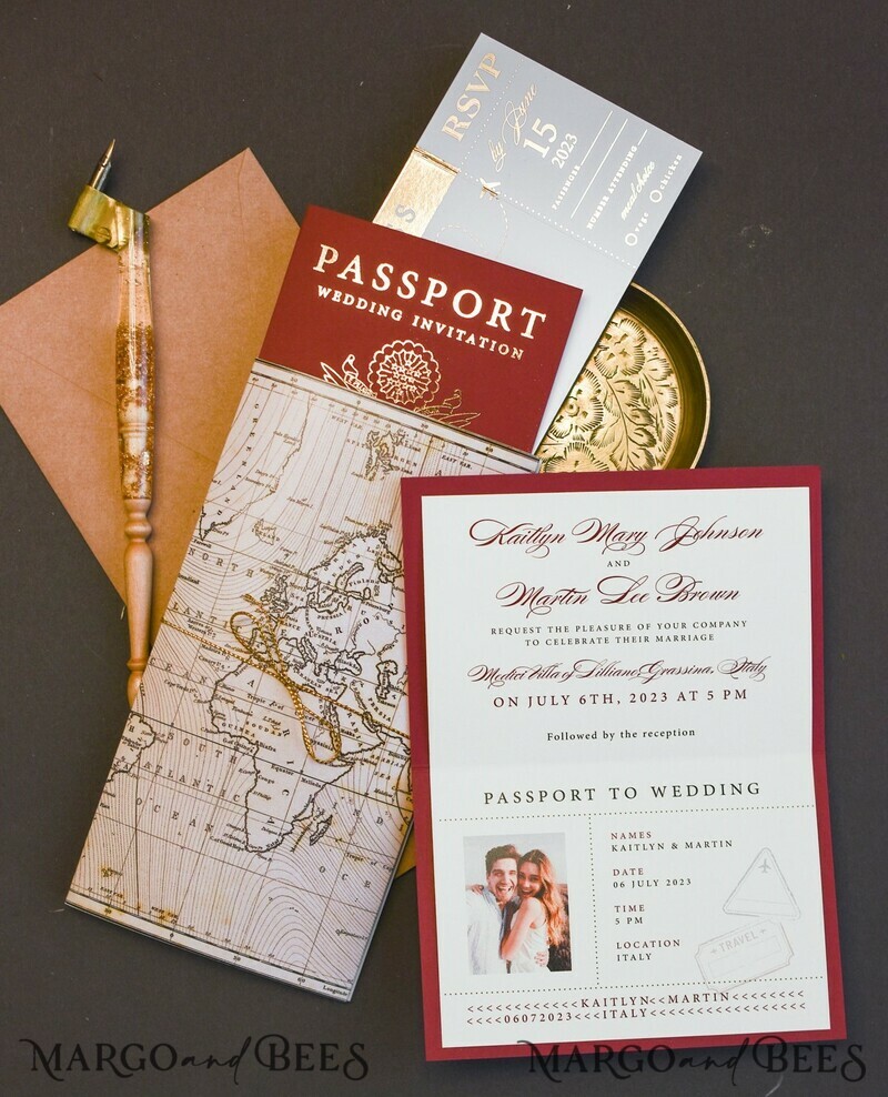 Elegant Maroon & Gold Passport Wedding Invitations – Luxury Destination Wedding Cards with Travel Map and Boarding Pass Details-4