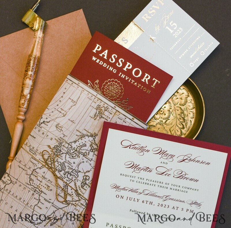 Elegant Maroon & Gold Passport Wedding Invitations – Luxury Destination Wedding Cards with Travel Map and Boarding Pass Details-5