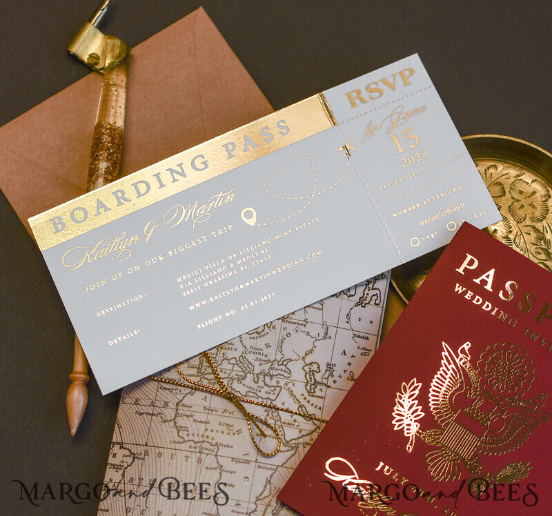 Elegant Maroon & Gold Passport Wedding Invitations – Luxury Destination Wedding Cards with Travel Map and Boarding Pass Details-6