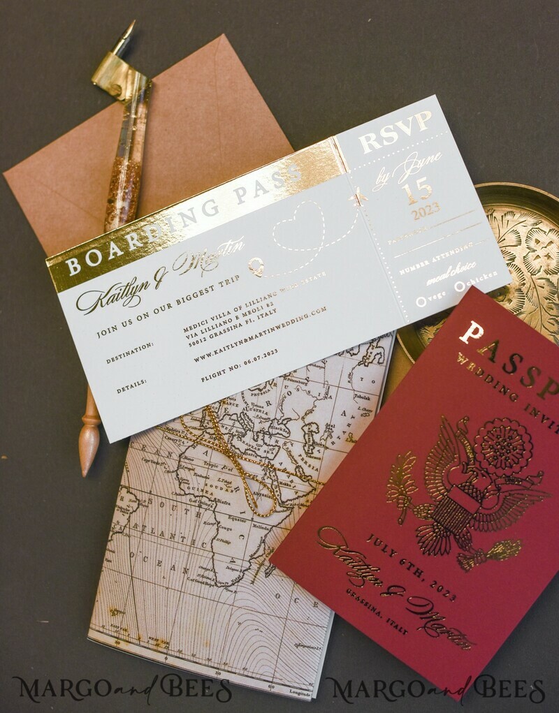 Elegant Maroon & Gold Passport Wedding Invitations – Luxury Destination Wedding Cards with Travel Map and Boarding Pass Details-7