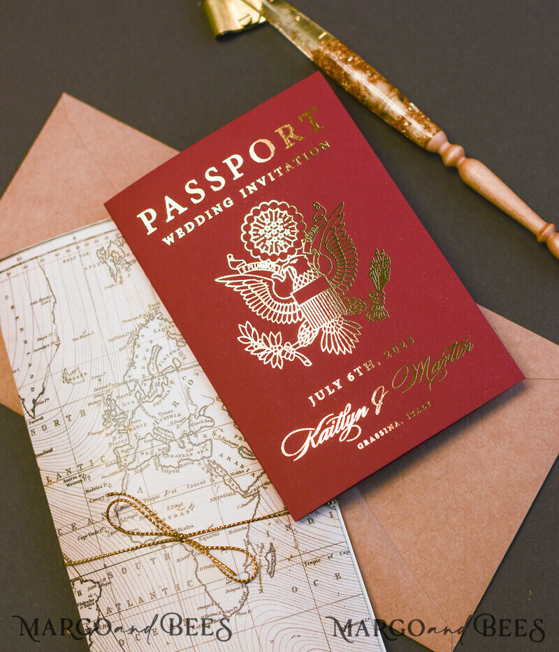 Elegant Maroon & Gold Passport Wedding Invitations – Luxury Destination Wedding Cards with Travel Map and Boarding Pass Details-8