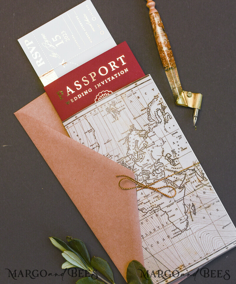 Elegant Maroon & Gold Passport Wedding Invitations – Luxury Destination Wedding Cards with Travel Map and Boarding Pass Details-9