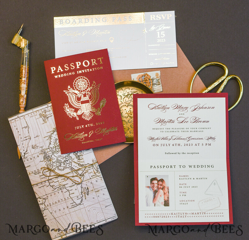 Elegant Maroon & Gold Passport Wedding Invitations – Luxury Destination Wedding Cards with Travel Map and Boarding Pass Details-0