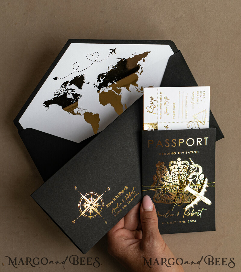 Gold White Black Passport Wedding Invitation, Golden Wedding Cards Boarding Pass, Travel Passport Wedding Invitations Abroad, Destination Wedding Invites, Travel Map Wedding Stationary-1