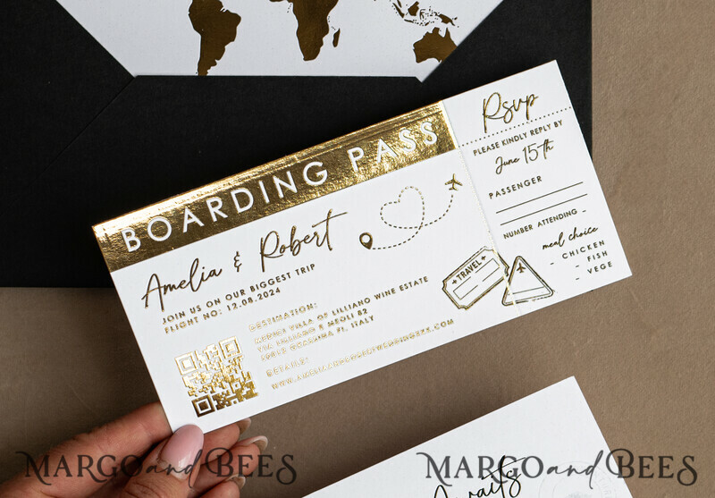 Gold White Black Passport Wedding Invitation, Golden Wedding Cards Boarding Pass, Travel Passport Wedding Invitations Abroad, Destination Wedding Invites, Travel Map Wedding Stationary-9