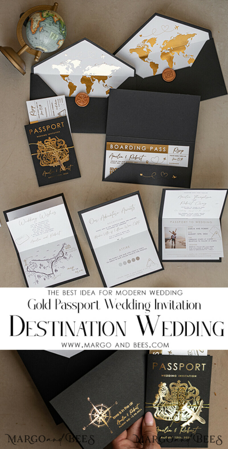 Gold White Black Passport Wedding Invitation, Golden Wedding Cards Boarding Pass, Travel Passport Wedding Invitations Abroad, Destination Wedding Invites, Travel Map Wedding Stationary-10