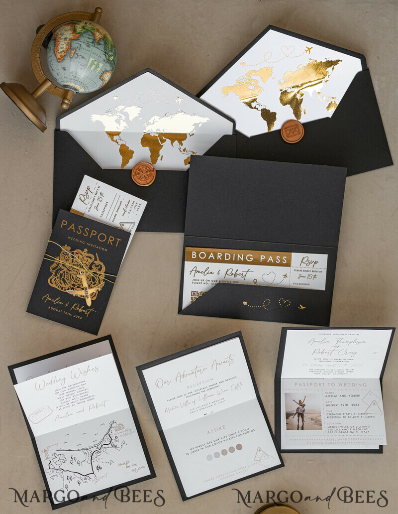 Gold White Black Passport Wedding Invitation, Golden Wedding Cards Boarding Pass, Travel Passport Wedding Invitations Abroad, Destination Wedding Invites, Travel Map Wedding Stationary-11