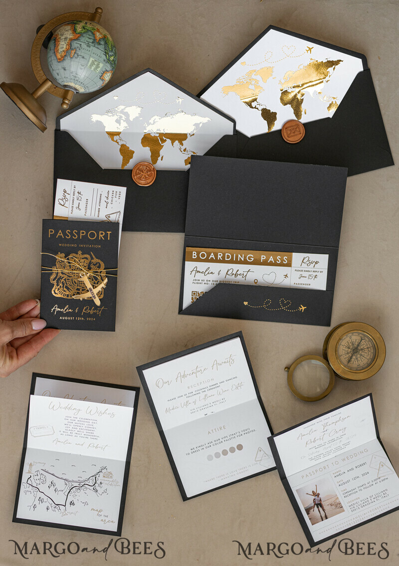 Gold White Black Passport Wedding Invitation, Golden Wedding Cards Boarding Pass, Travel Passport Wedding Invitations Abroad, Destination Wedding Invites, Travel Map Wedding Stationary-12