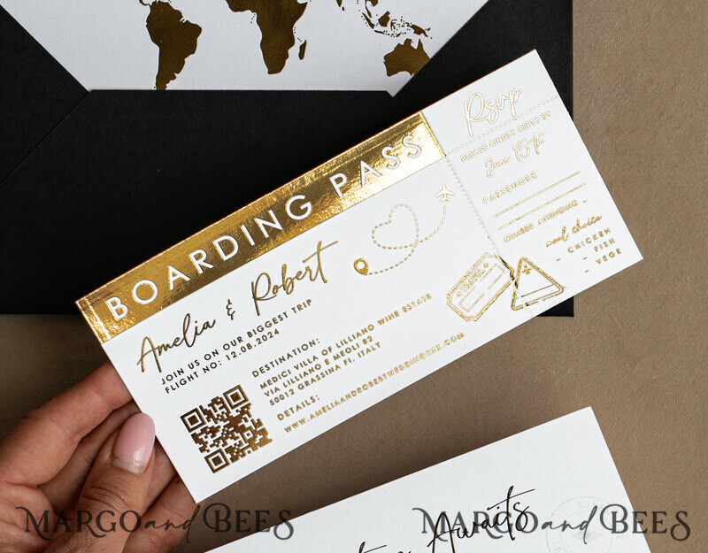 Gold White Black Passport Wedding Invitation, Golden Wedding Cards Boarding Pass, Travel Passport Wedding Invitations Abroad, Destination Wedding Invites, Travel Map Wedding Stationary-14