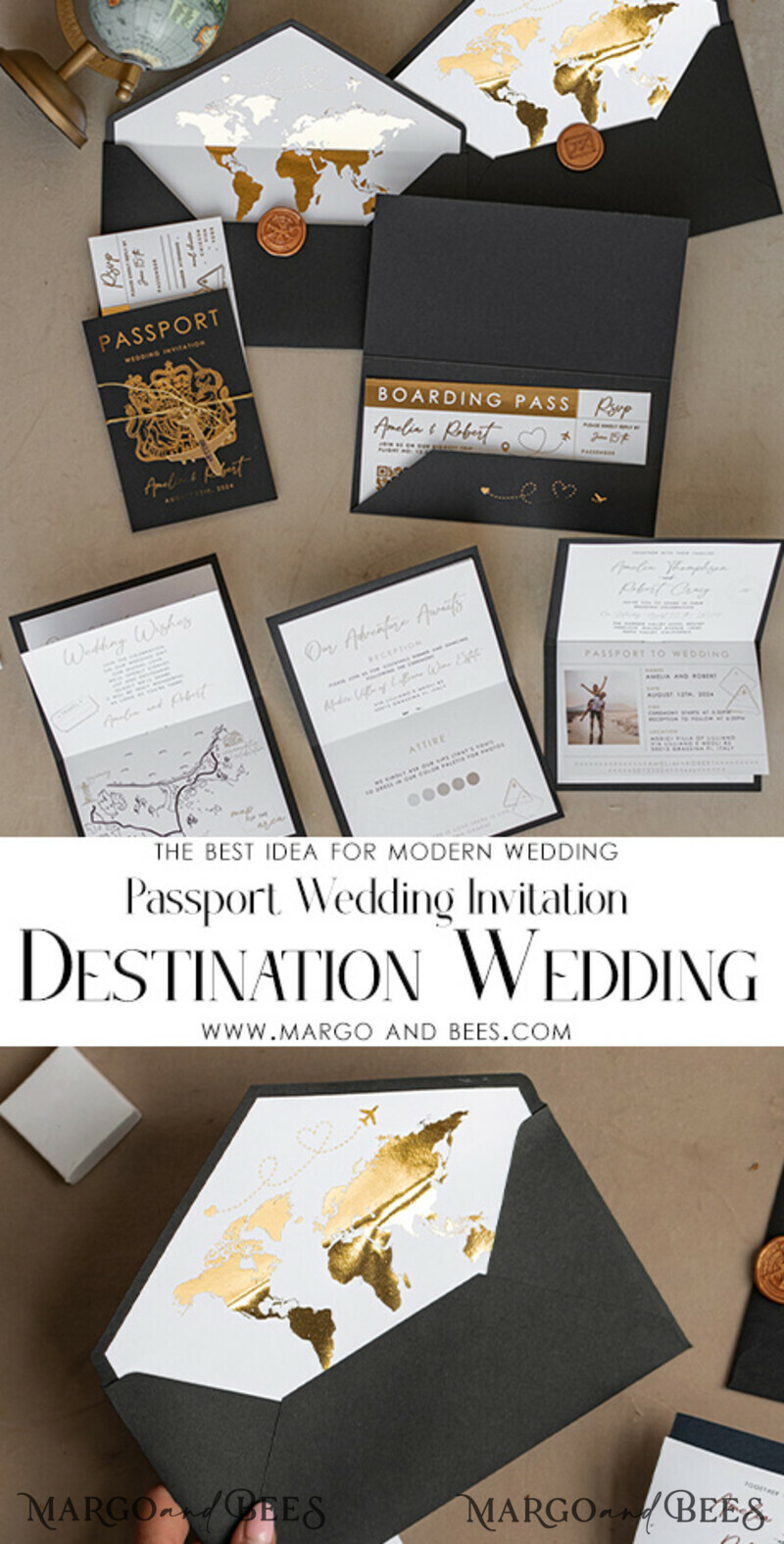 Gold White Black Passport Wedding Invitation, Golden Wedding Cards Boarding Pass, Travel Passport Wedding Invitations Abroad, Destination Wedding Invites, Travel Map Wedding Stationary-16