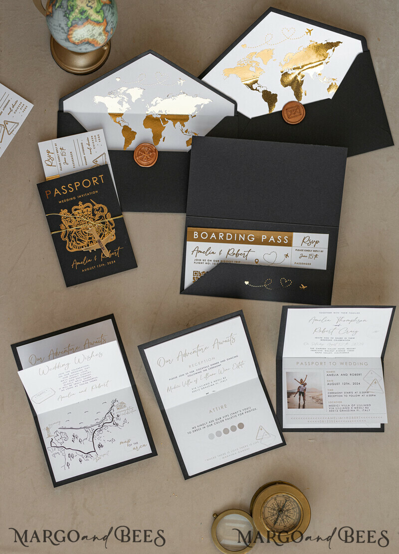 Gold White Black Passport Wedding Invitation, Golden Wedding Cards Boarding Pass, Travel Passport Wedding Invitations Abroad, Destination Wedding Invites, Travel Map Wedding Stationary-2