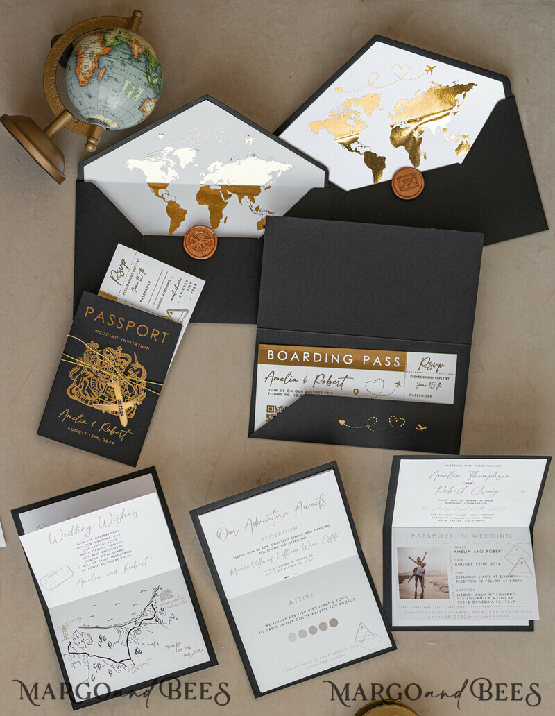 Gold White Black Passport Wedding Invitation, Golden Wedding Cards Boarding Pass, Travel Passport Wedding Invitations Abroad, Destination Wedding Invites, Travel Map Wedding Stationary-3