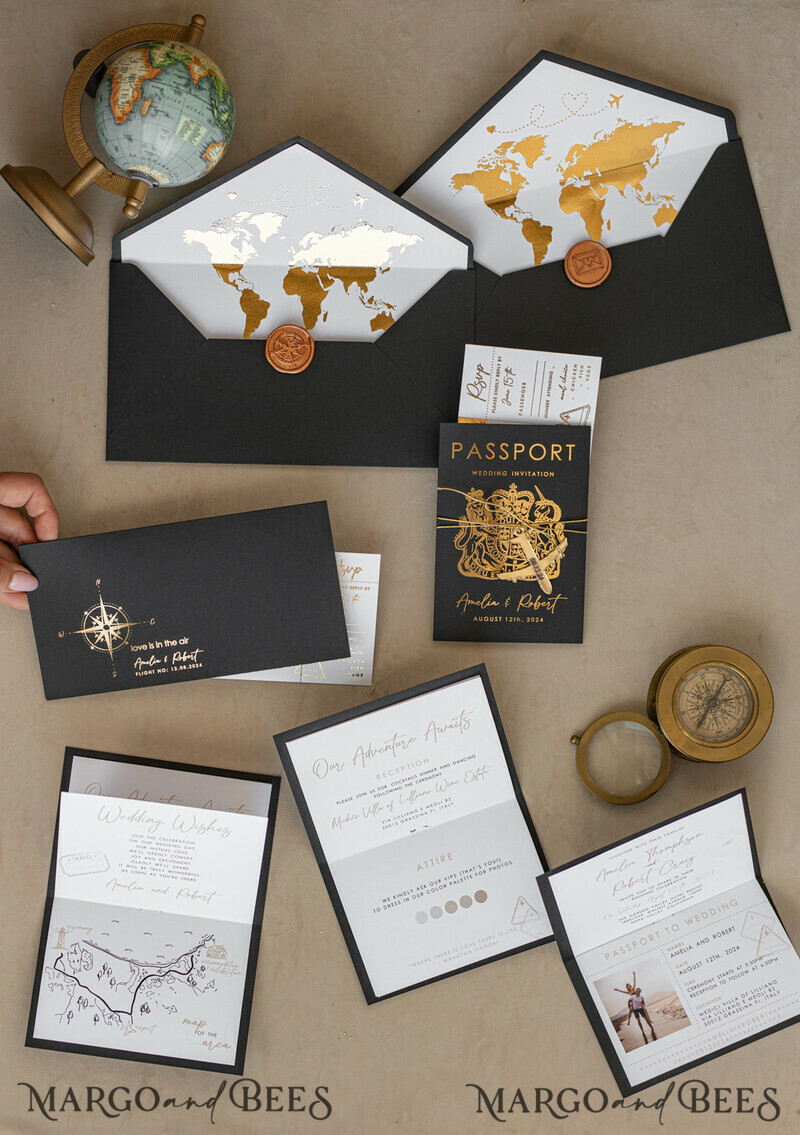 Gold White Black Passport Wedding Invitation, Golden Wedding Cards Boarding Pass, Travel Passport Wedding Invitations Abroad, Destination Wedding Invites, Travel Map Wedding Stationary-20