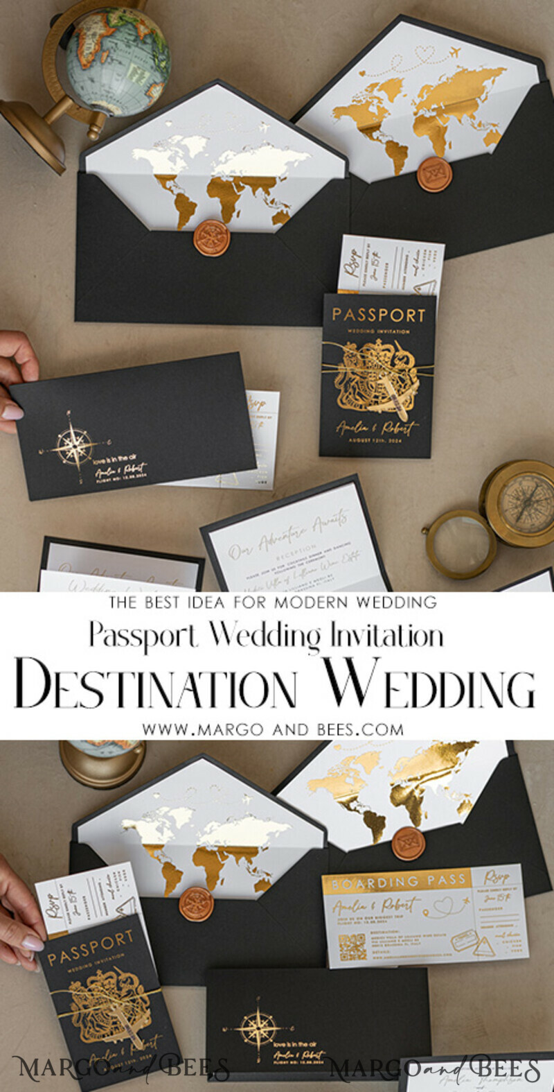 Gold White Black Passport Wedding Invitation, Golden Wedding Cards Boarding Pass, Travel Passport Wedding Invitations Abroad, Destination Wedding Invites, Travel Map Wedding Stationary-21