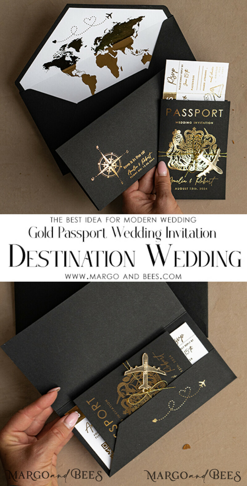 Gold White Black Passport Wedding Invitation, Golden Wedding Cards Boarding Pass, Travel Passport Wedding Invitations Abroad, Destination Wedding Invites, Travel Map Wedding Stationary-4