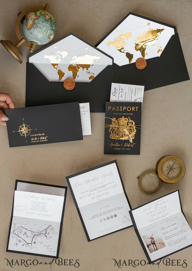 Gold White Black Passport Wedding Invitation, Golden Wedding Cards Boarding Pass, Travel Passport Wedding Invitations Abroad, Destination Wedding Invites, Travel Map Wedding Stationary-6