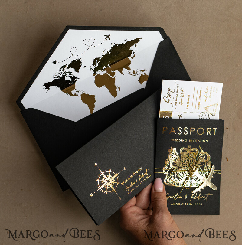 Gold White Black Passport Wedding Invitation, Golden Wedding Cards Boarding Pass, Travel Passport Wedding Invitations Abroad, Destination Wedding Invites, Travel Map Wedding Stationary-7