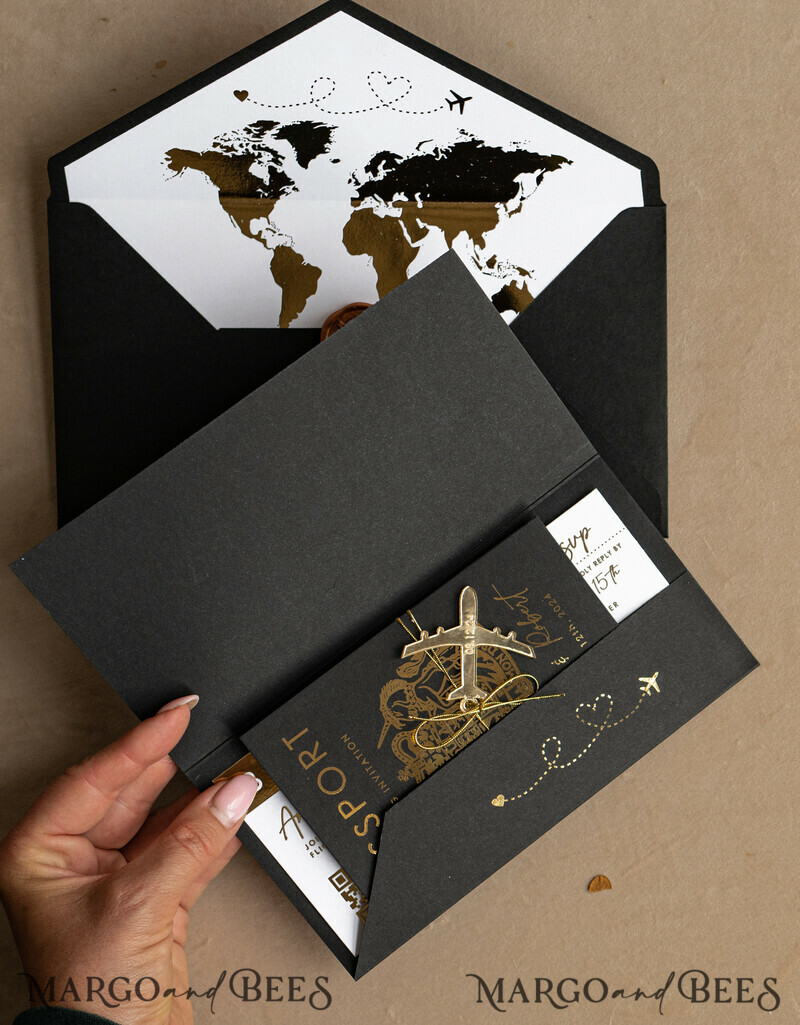 Gold White Black Passport Wedding Invitation, Golden Wedding Cards Boarding Pass, Travel Passport Wedding Invitations Abroad, Destination Wedding Invites, Travel Map Wedding Stationary-8