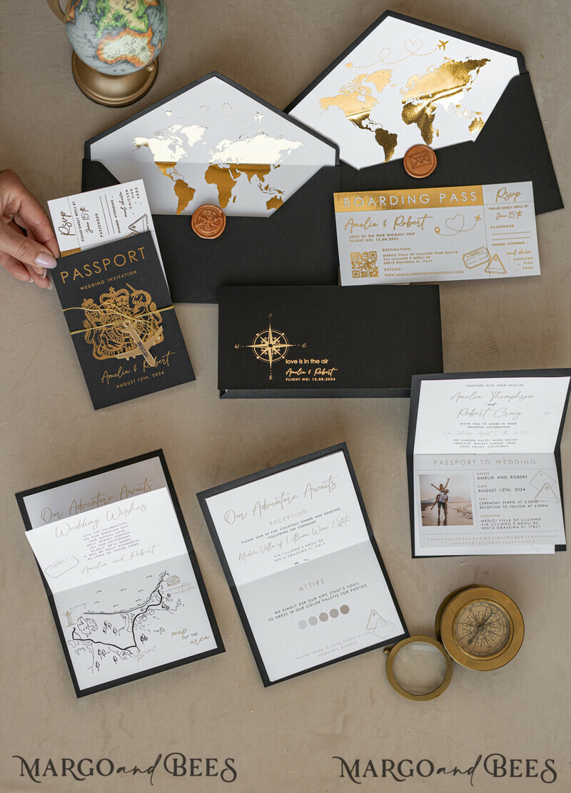 Gold White Black Passport Wedding Invitation, Golden Wedding Cards Boarding Pass, Travel Passport Wedding Invitations Abroad, Destination Wedding Invites, Travel Map Wedding Stationary-0