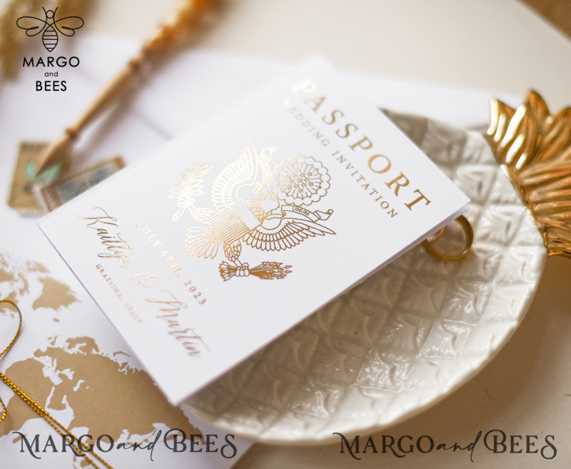 White Gold  Passport Wedding Invitation, Golden Plane Wedding Cards  Boarding Pass,  Tuscany Passport Wedding Invitations  Abroad, Destination Wedding Invites, Travel Map Wedding Stationary-10