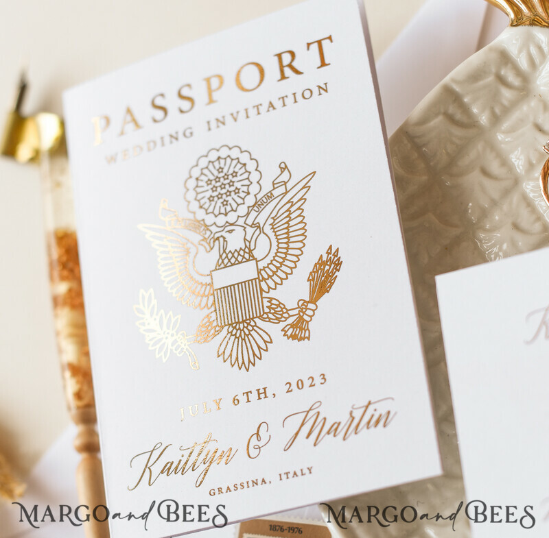 White Gold Passport Wedding Invitation, Golden Plane Wedding Cards Boarding Pass, Tuscany Passport Wedding Invitations Abroad, Destination Wedding Invites-10