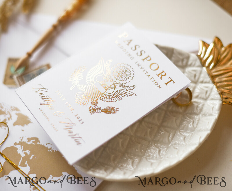 White Gold Passport Wedding Invitation, Golden Plane Wedding Cards Boarding Pass, Tuscany Passport Wedding Invitations Abroad, Destination Wedding Invites-11