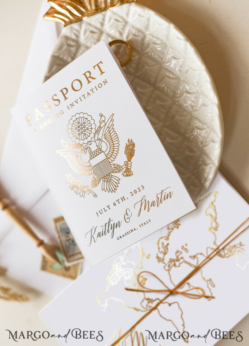 White Gold Passport Wedding Invitation, Golden Plane Wedding Cards Boarding Pass, Tuscany Passport Wedding Invitations Abroad, Destination Wedding Invites-12