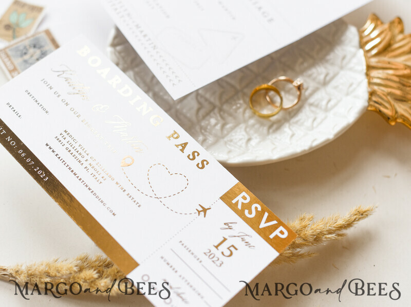 White Gold Passport Wedding Invitation, Golden Plane Wedding Cards Boarding Pass, Tuscany Passport Wedding Invitations Abroad, Destination Wedding Invites-13