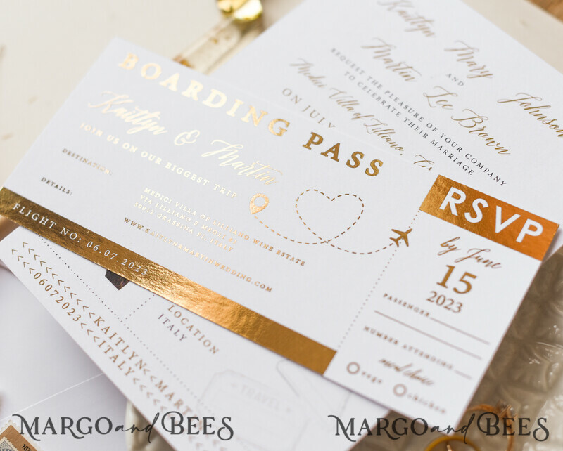 White Gold Passport Wedding Invitation, Golden Plane Wedding Cards Boarding Pass, Tuscany Passport Wedding Invitations Abroad, Destination Wedding Invites-14