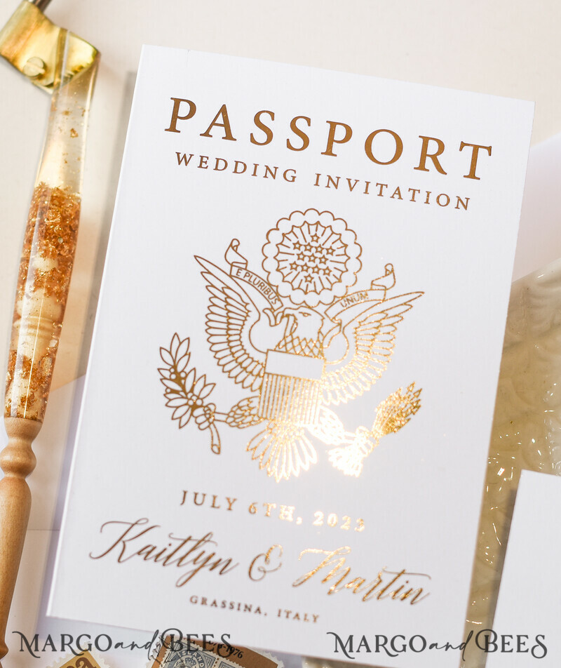 White Gold Passport Wedding Invitation, Golden Plane Wedding Cards Boarding Pass, Tuscany Passport Wedding Invitations Abroad, Destination Wedding Invites-2