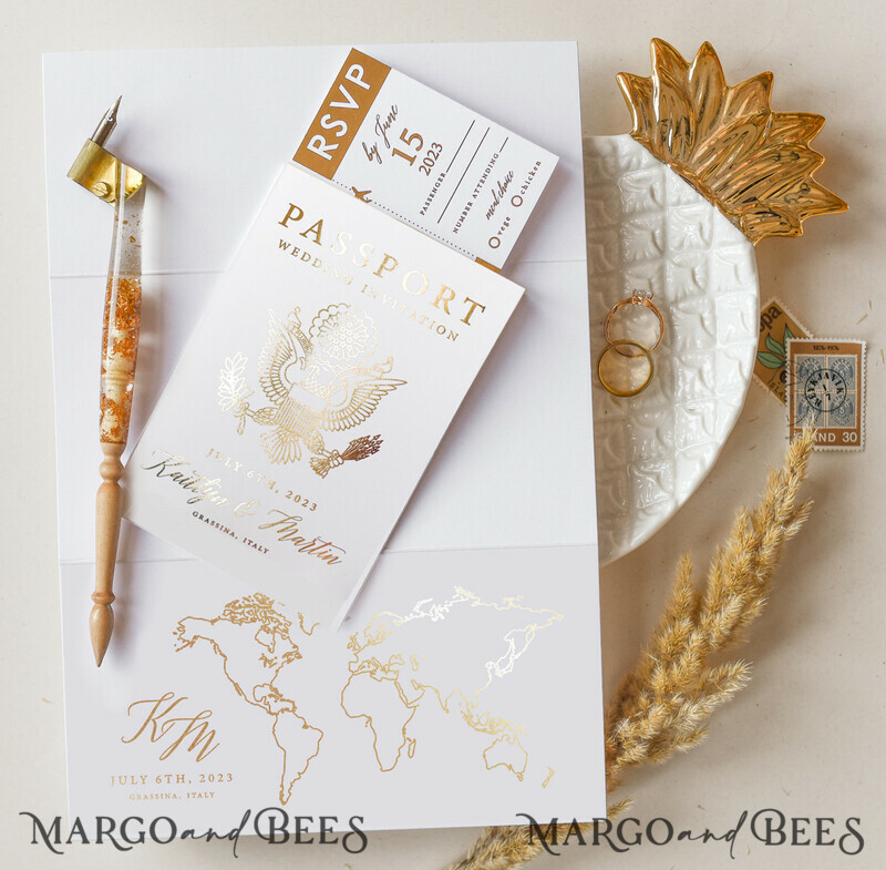 White Gold Passport Wedding Invitation, Golden Plane Wedding Cards Boarding Pass, Tuscany Passport Wedding Invitations Abroad, Destination Wedding Invites-4