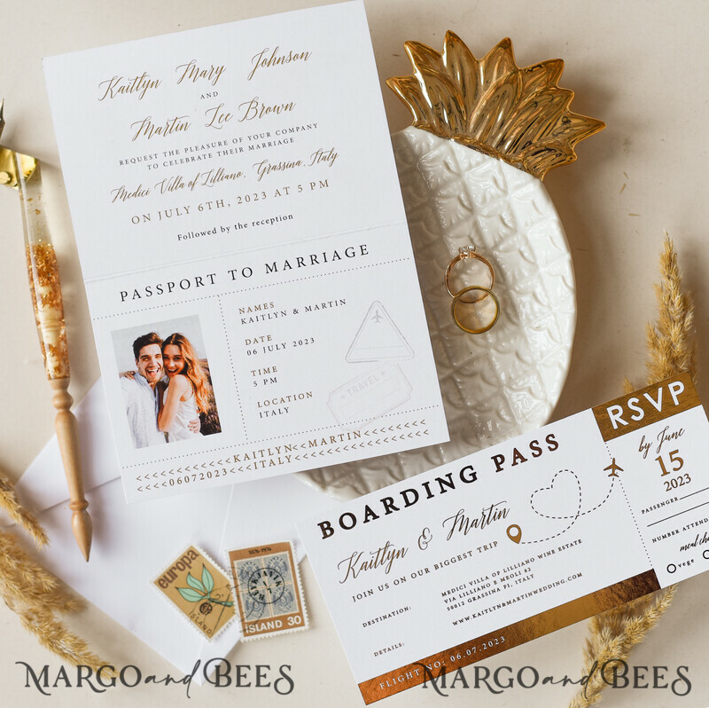 White Gold Passport Wedding Invitation, Golden Plane Wedding Cards Boarding Pass, Tuscany Passport Wedding Invitations Abroad, Destination Wedding Invites-5