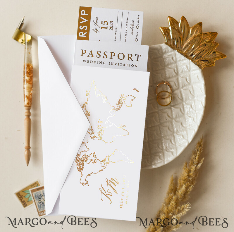 White Gold Passport Wedding Invitation, Golden Plane Wedding Cards Boarding Pass, Tuscany Passport Wedding Invitations Abroad, Destination Wedding Invites-6