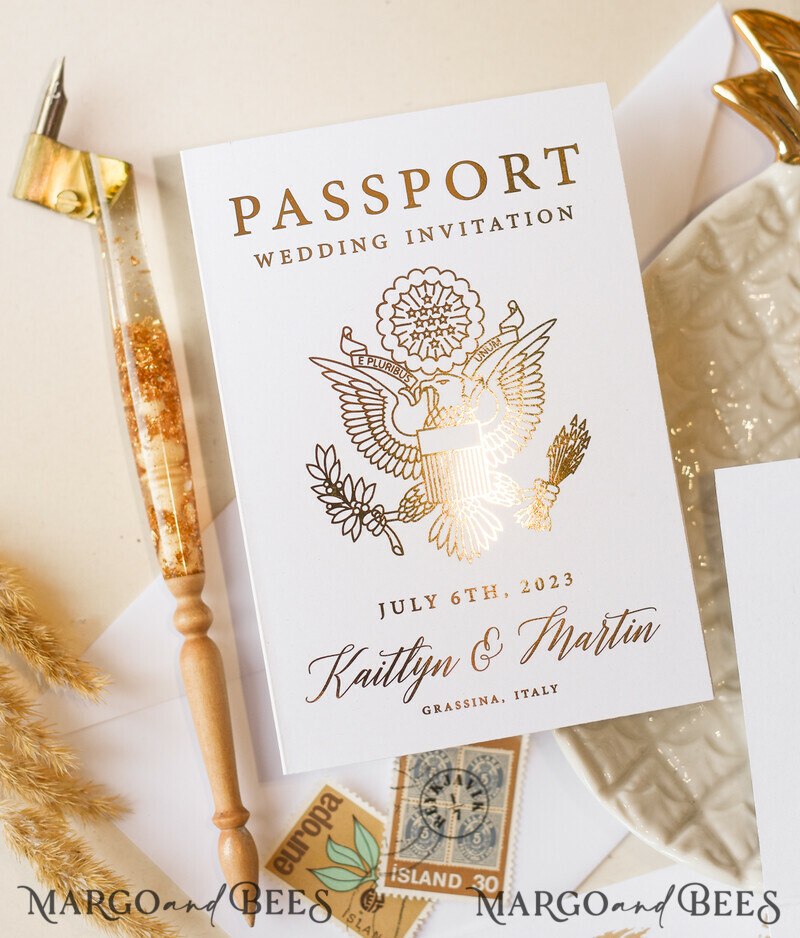 White Gold Passport Wedding Invitation, Golden Plane Wedding Cards Boarding Pass, Tuscany Passport Wedding Invitations Abroad, Destination Wedding Invites-7