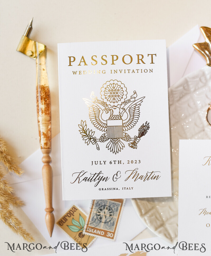 White Gold Passport Wedding Invitation, Golden Plane Wedding Cards Boarding Pass, Tuscany Passport Wedding Invitations Abroad, Destination Wedding Invites-8