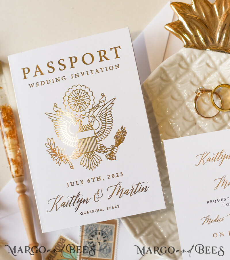 White Gold Passport Wedding Invitation, Golden Plane Wedding Cards Boarding Pass, Tuscany Passport Wedding Invitations Abroad, Destination Wedding Invites-9