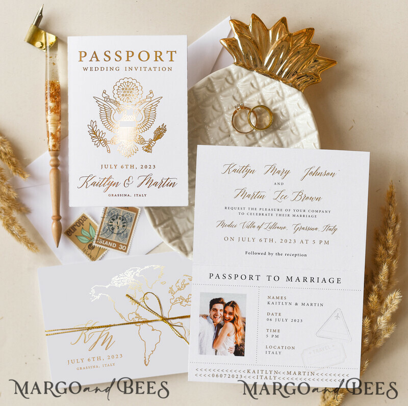 White Gold Passport Wedding Invitation, Golden Plane Wedding Cards Boarding Pass, Tuscany Passport Wedding Invitations Abroad, Destination Wedding Invites-0