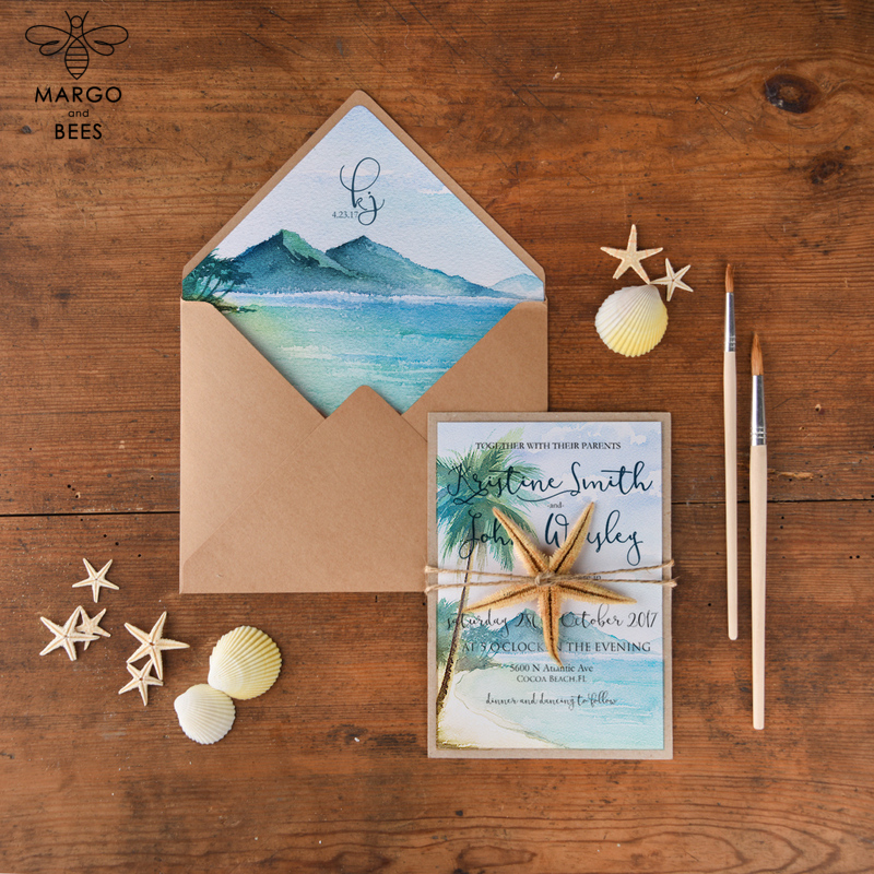 Tropical beach Wedding Invitations, Starfish Watercolor Seaside Wedding Invites, Mexico Wedding Cards -4