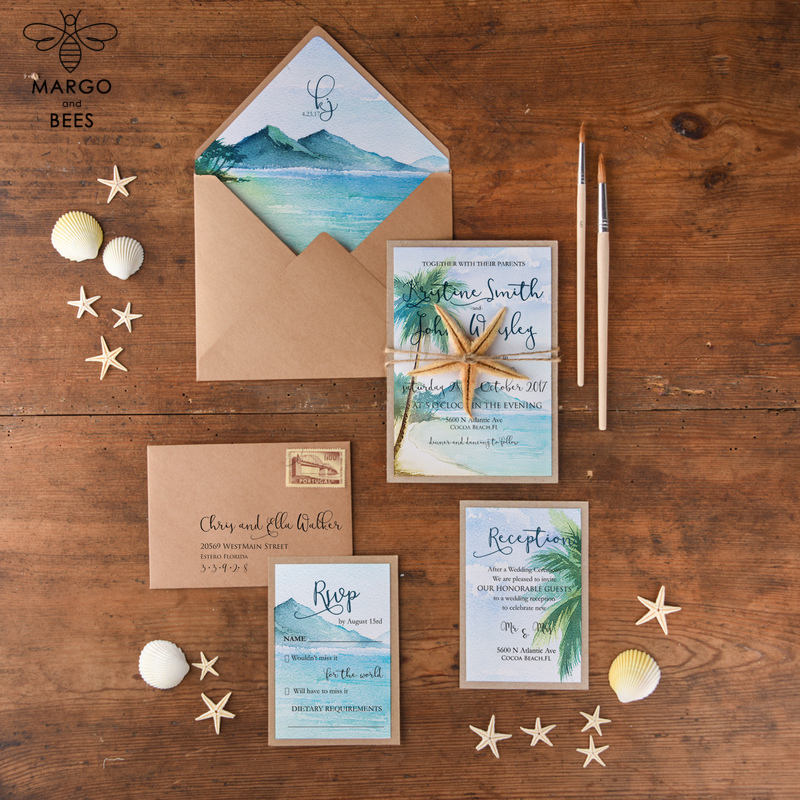 Tropical beach Wedding Invitations, Starfish Watercolor Seaside Wedding Invites, Mexico Wedding Cards -0